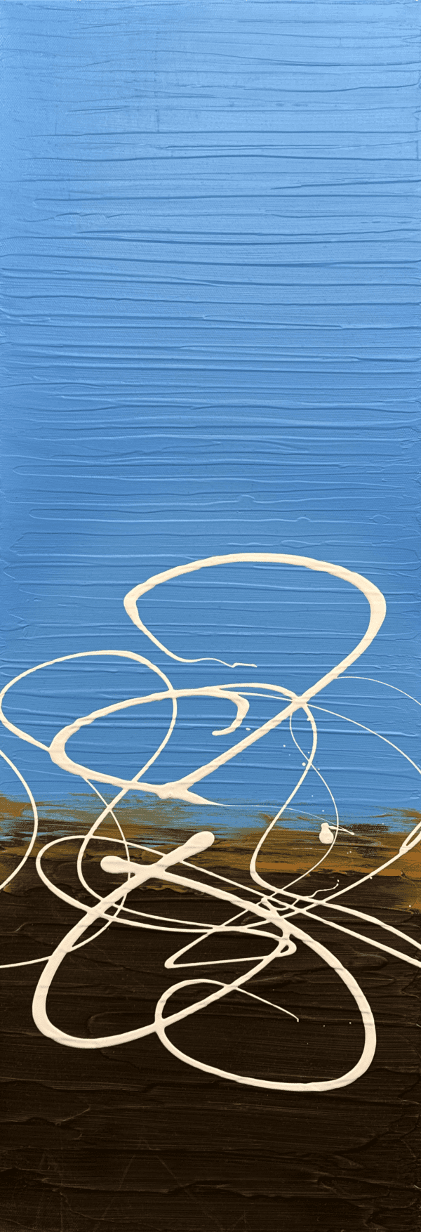 This abstract painting explores the interplay between calm blue skies and earthy tones, with flowing white lines adding a sense of freedom. It invites viewers to interpret the open, limitless space.