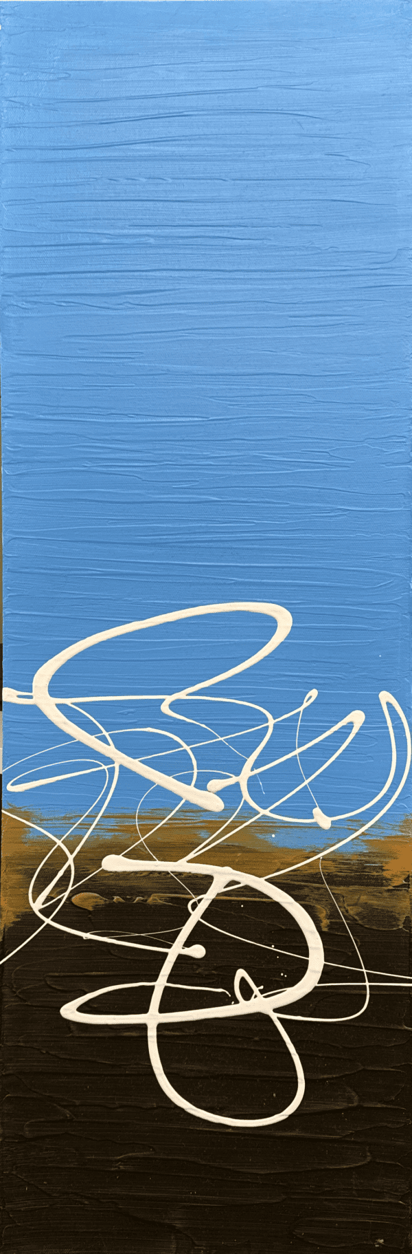 This abstract work combines sky blue and earthy brown with organic white lines, evoking a sense of peaceful continuity. It captures the essence of an endless, gentle journey through abstract space.