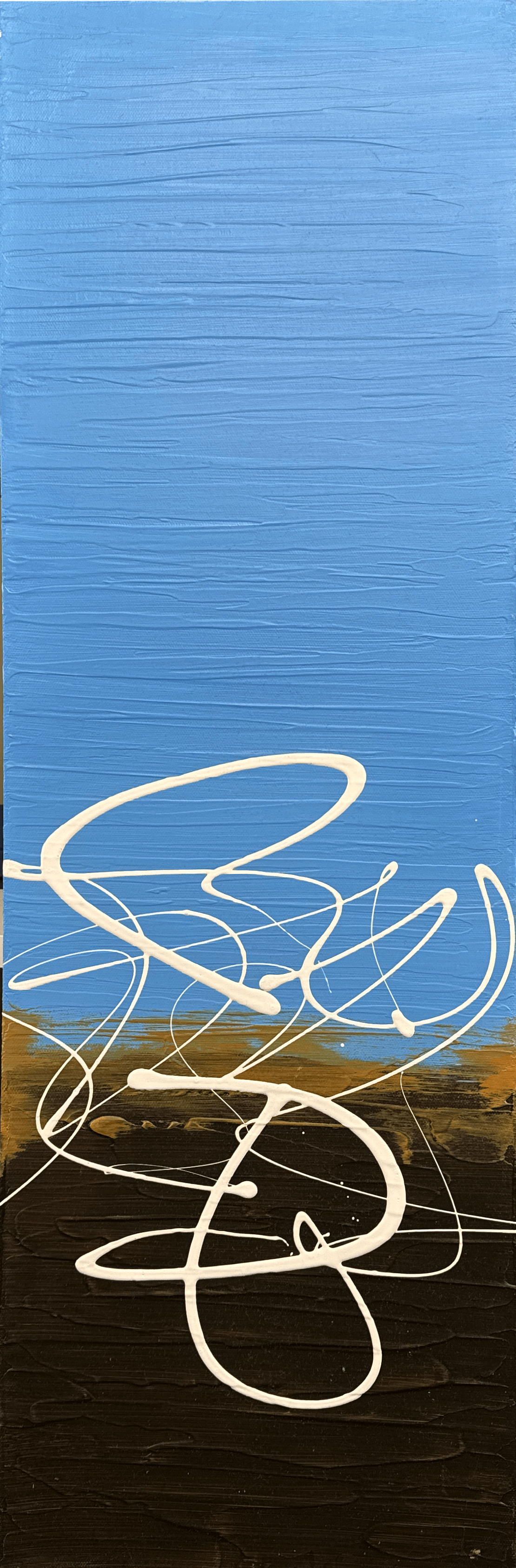 This abstract work combines sky blue and earthy brown with organic white lines, evoking a sense of peaceful continuity. It captures the essence of an endless, gentle journey through abstract space.