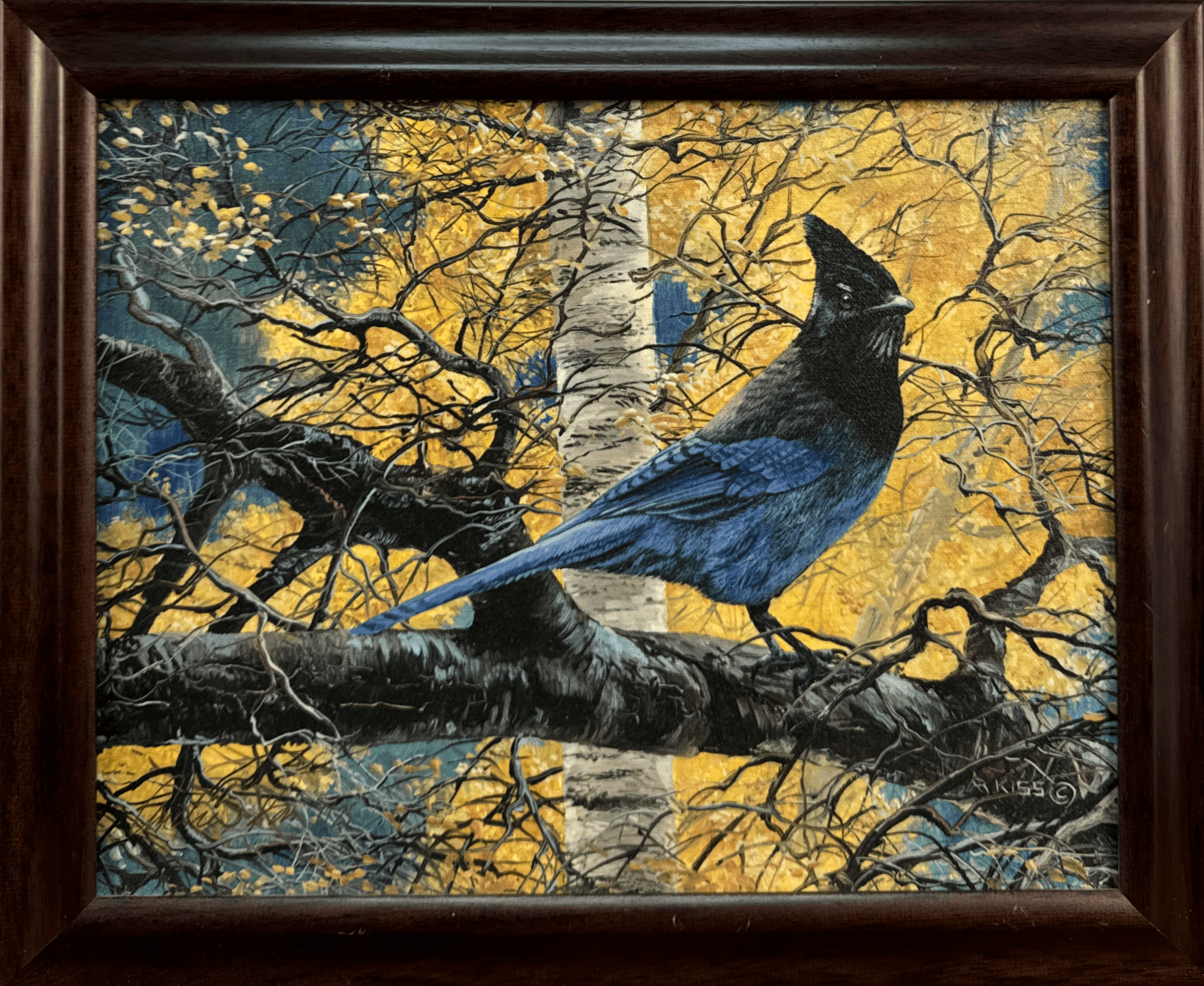 This striking piece is showcasing a vibrant blue jay perched on a branch amidst golden autumn foliage, capturing nature’s elegance and tranquility. The artist meticulous attention to color and form makes this print a perfect tribute to the splendor of woodland life.