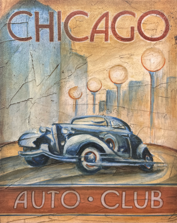 A retro-style print featuring the iconic "Chicago Auto Club" with a classic roadster, reminiscent of 1930s automotive artistry. The sepia tones and vintage details evoke a nostalgic feel, perfect for automobile enthusiasts and lovers of Chicago’s storied past.