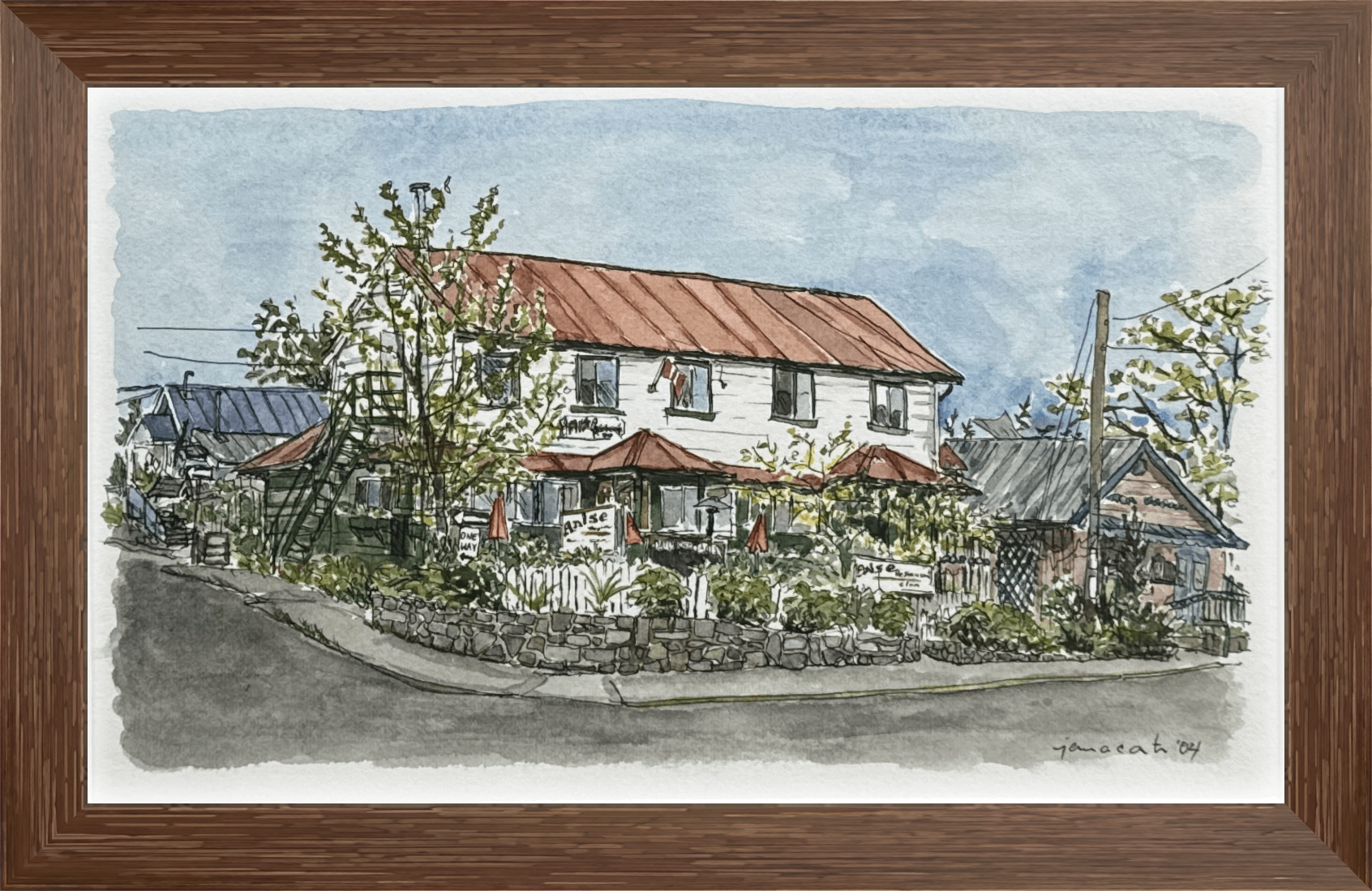 This charming watercolor captures a quaint corner building, brimming with personality and surrounded by lush greenery. With its red tin roof and welcoming outdoor seating, it evokes the cozy warmth of a beloved local spot.