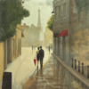 A couple walks arm-in-arm down a misty Parisian street, the Eiffel Tower faintly visible in the background. With a single pop of color from a red umbrella, this scene captures the timeless romance of Paris, drawing viewers into a world of elegance and quiet intimacy.