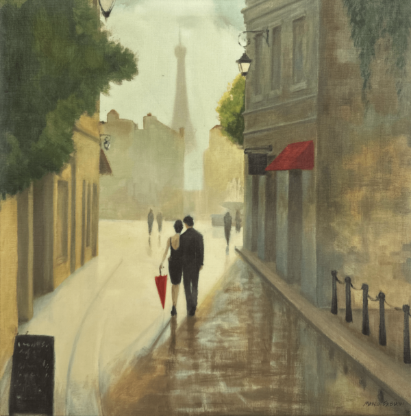 A couple walks arm-in-arm down a misty Parisian street, the Eiffel Tower faintly visible in the background. With a single pop of color from a red umbrella, this scene captures the timeless romance of Paris, drawing viewers into a world of elegance and quiet intimacy.