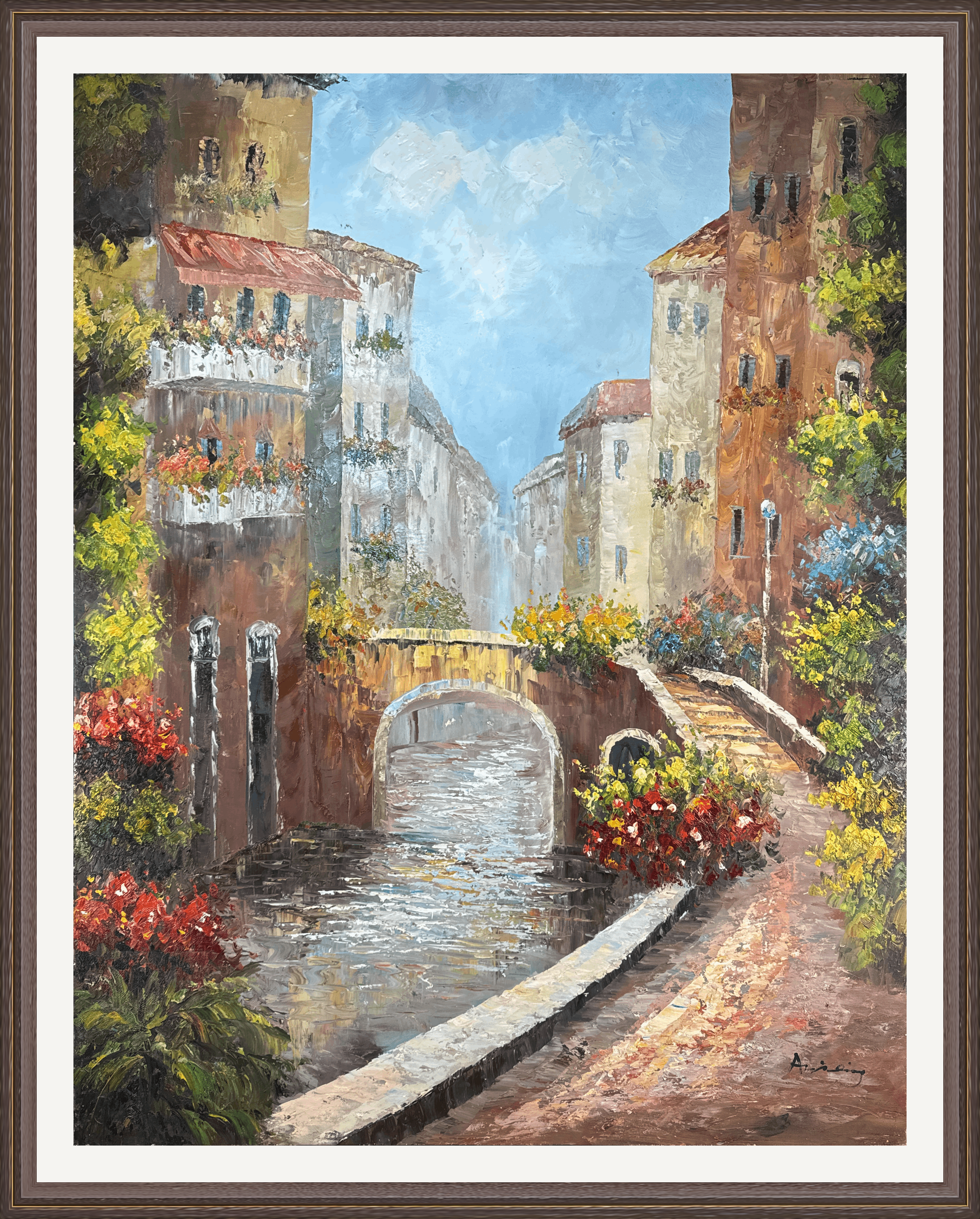 This captivating scene captures a charming European canal, surrounded by vibrant flowers and historic buildings. A quiet bridge invites viewers to wander along the flower-lined path, evoking the romance of a sunlit afternoon.