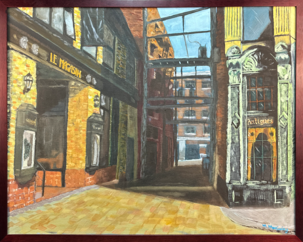 A beautifully detailed painting capturing a European alleyway bathed in sunlight, framed by antique storefronts and textured brick walls. This piece brings the charm and character of historical architecture to life.