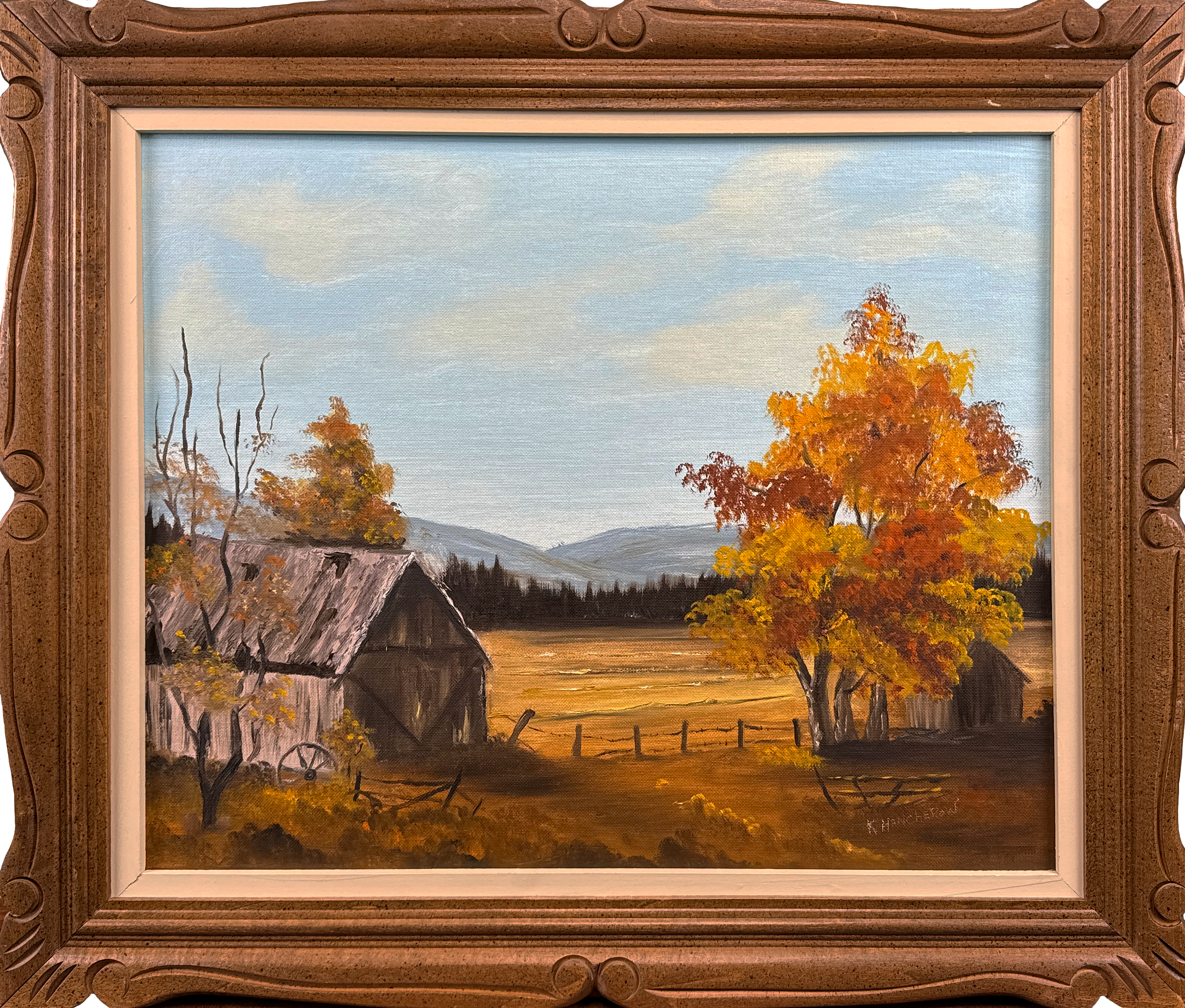 This painting captures the charm of a quiet autumn day in the countryside. The golden hues of the trees and the rustic barns set against distant mountains evoke a sense of peace and nostalgia.