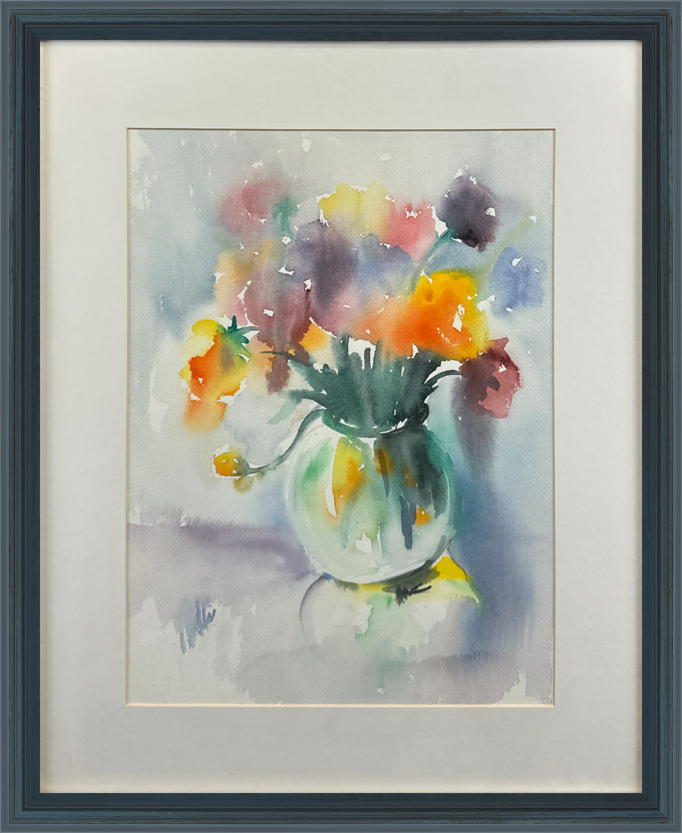 This gentle and vibrant watercolor painting showcases a bouquet of flowers in a round glass vase. With soft, flowing colors a feeling evokes the freshness of spring. Perfect for adding a splash of color to any room.