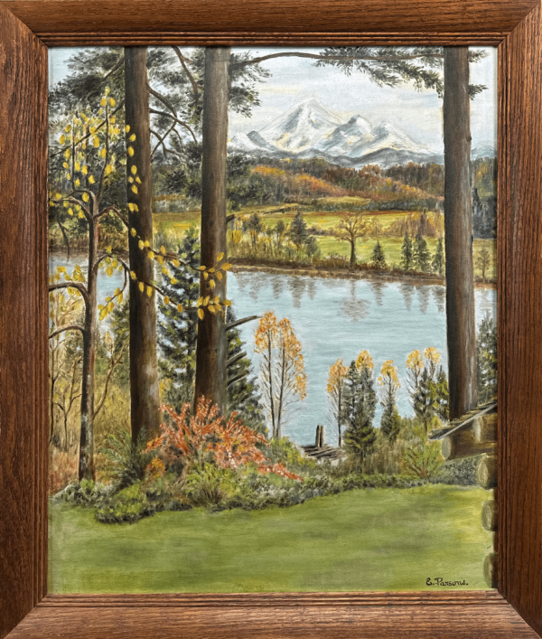 A peaceful landscape by late Elizabeth Parsons from 1889, capturing the view of snow-capped mountains through a forest of tall pines. The foreground features vibrant foliage and a serene river, framed by rustic wooden beams.