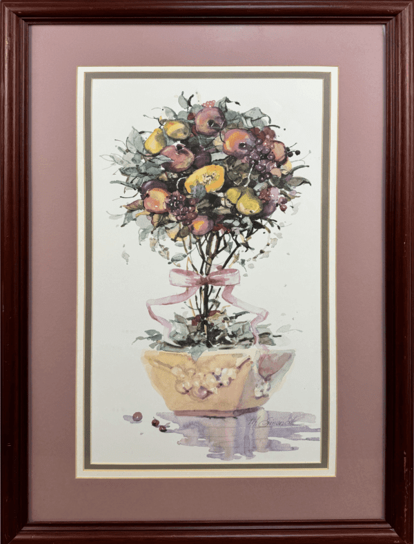 This showcases a beautifully arranged bouquet of fruits and foliage, tied with a delicate pink ribbon. The composition captures the abundance and elegance of a fresh harvest, artfully arranged in a decorative vase.