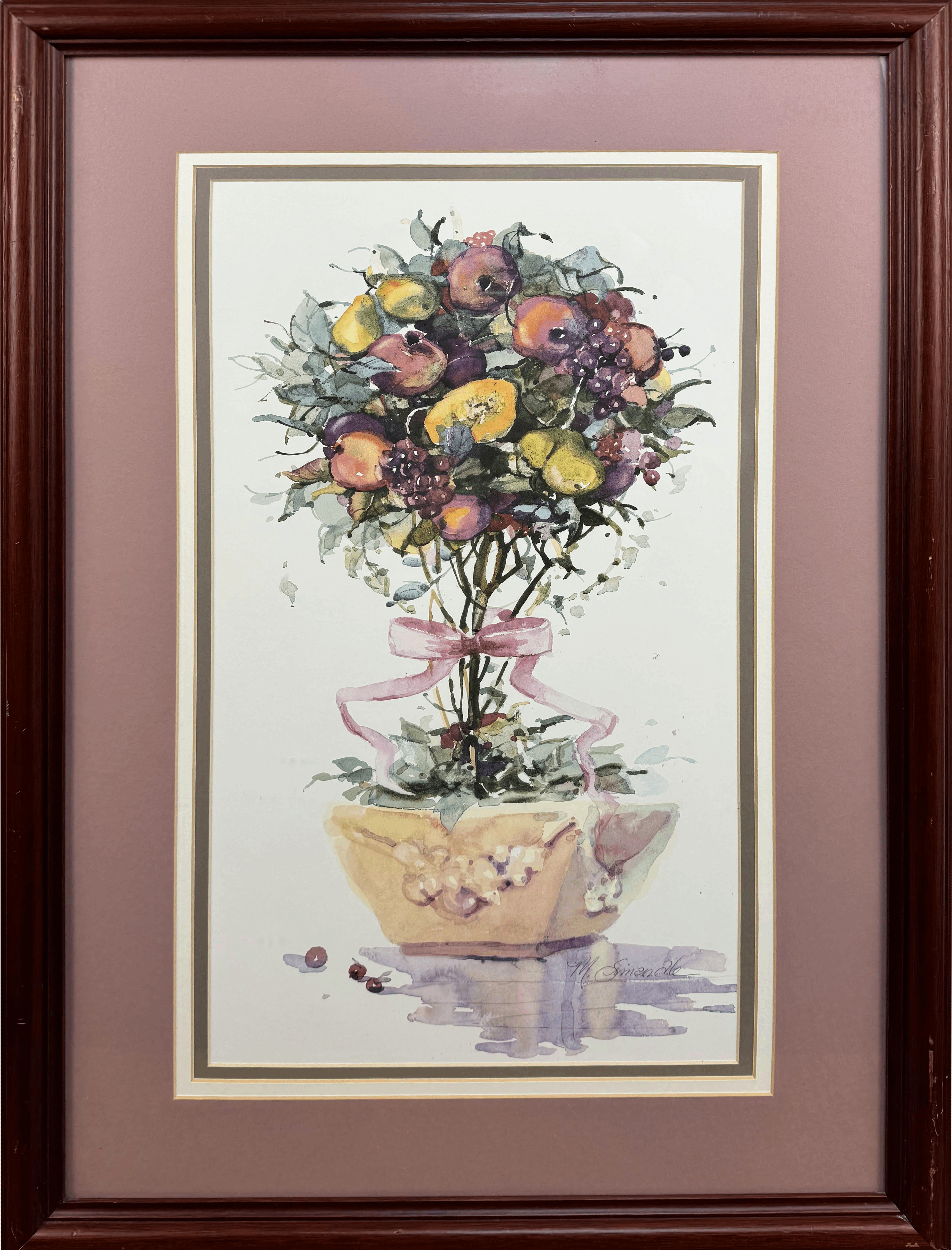 This showcases a beautifully arranged bouquet of fruits and foliage, tied with a delicate pink ribbon. The composition captures the abundance and elegance of a fresh harvest, artfully arranged in a decorative vase.