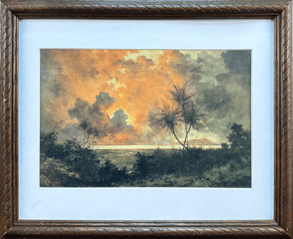 This stunning landscape captures a fiery sunset over a tropical scene, with silhouetted palm trees and dense greenery. The vibrant orange and golden hues fill the sky, casting a warm glow across the horizon and evoking a sense of tranquility.