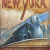 A retro-style piece showcasing the "New York Central Line" with a streamlined locomotive, capturing the Art Deco charm of early 20th-century rail travel.