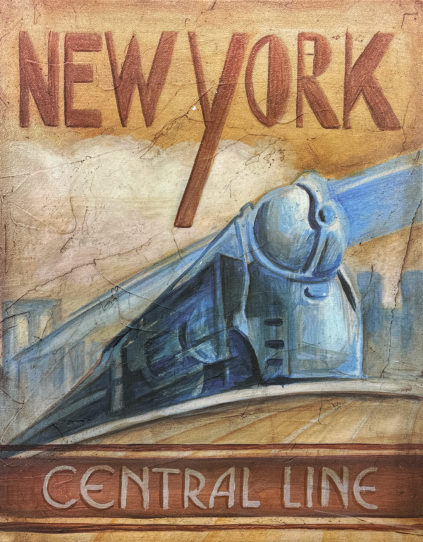 A retro-style piece showcasing the "New York Central Line" with a streamlined locomotive, capturing the Art Deco charm of early 20th-century rail travel.