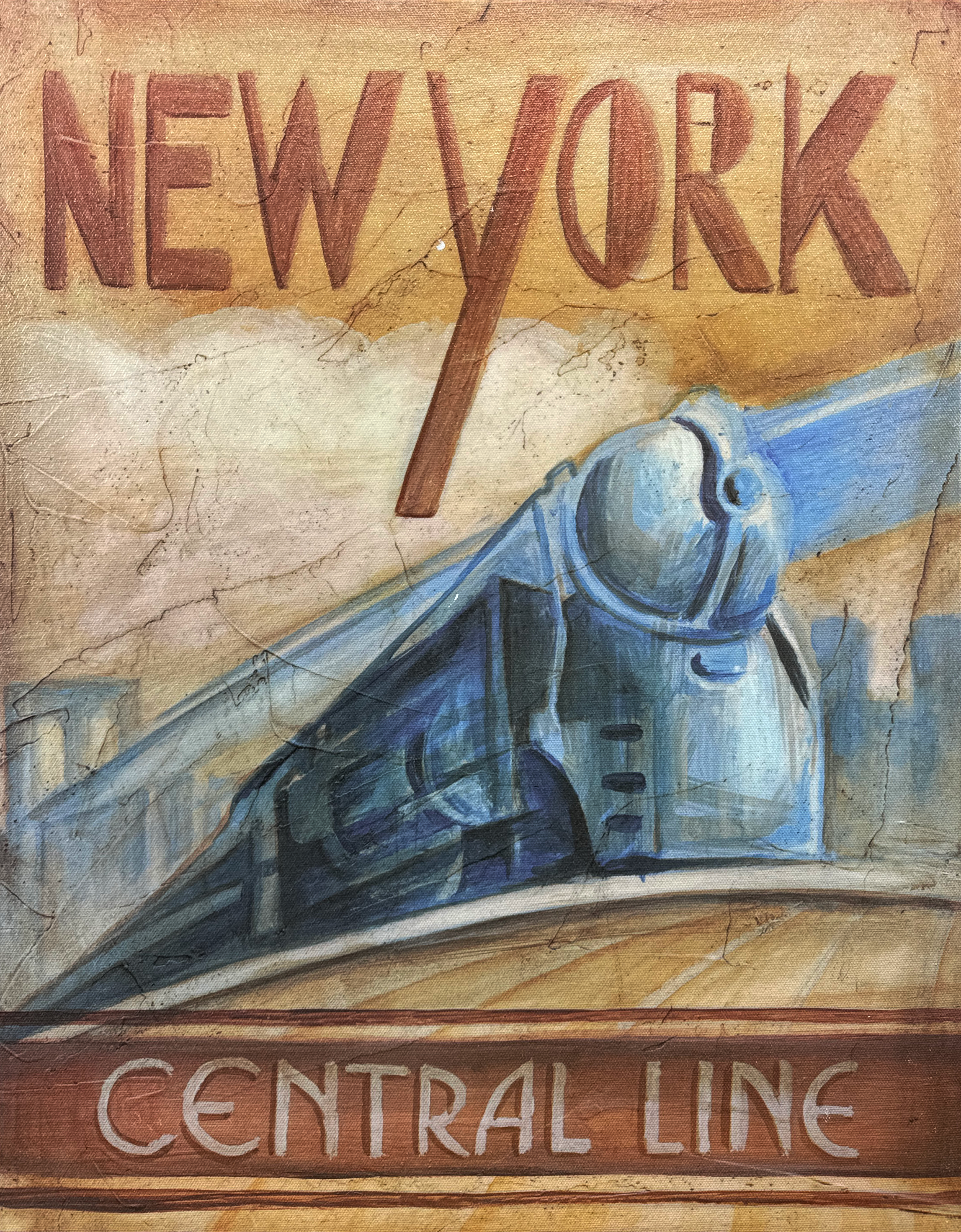 A retro-style piece showcasing the "New York Central Line" with a streamlined locomotive, capturing the Art Deco charm of early 20th-century rail travel.