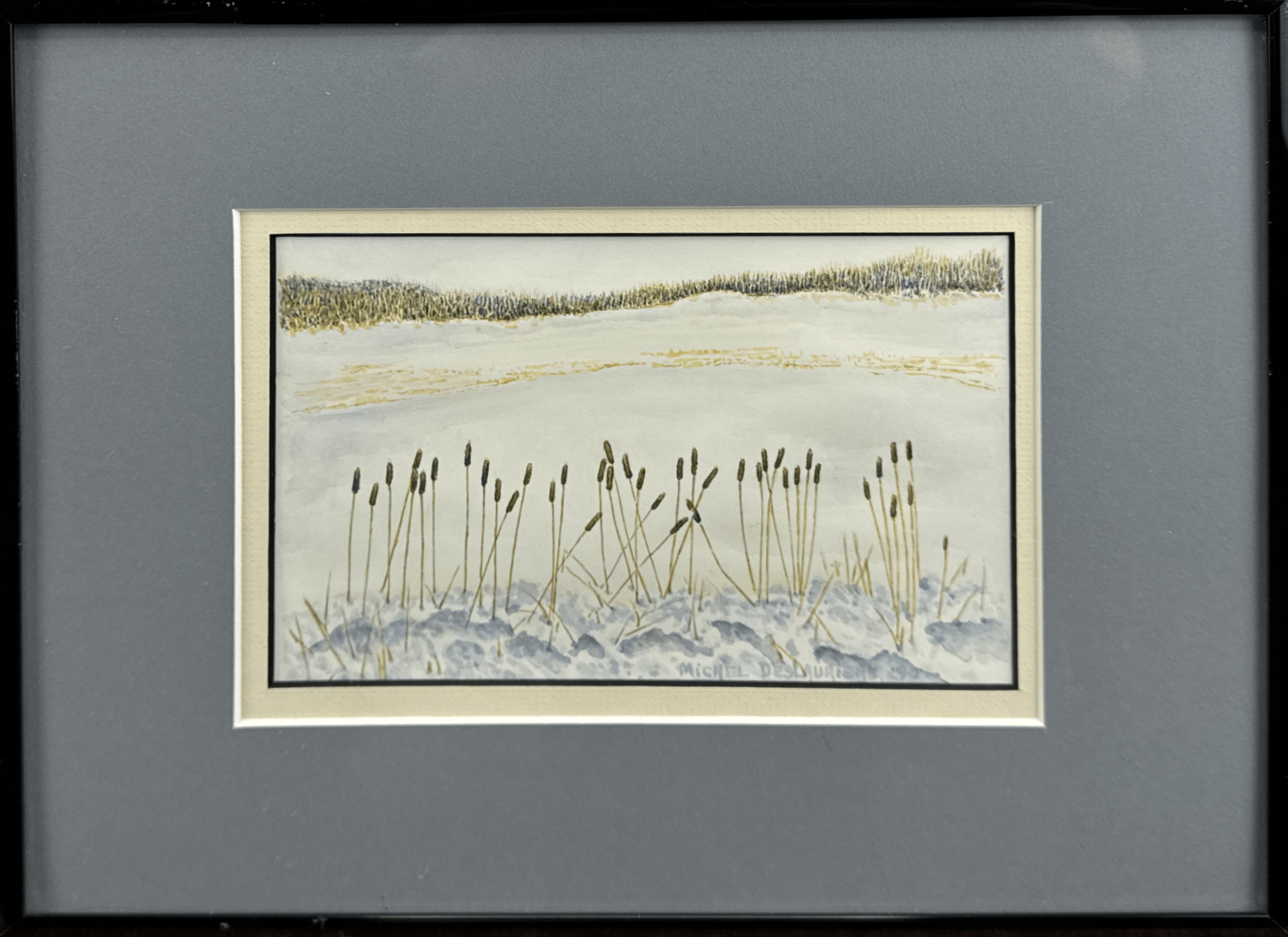 This serene watercolor by Michel Deslauriers captures a tranquil meadow dotted with cattails standing tall against the pale, landscape. Created in 1990, the piece reflects the quiet beauty and stillness of nature in its slumber.