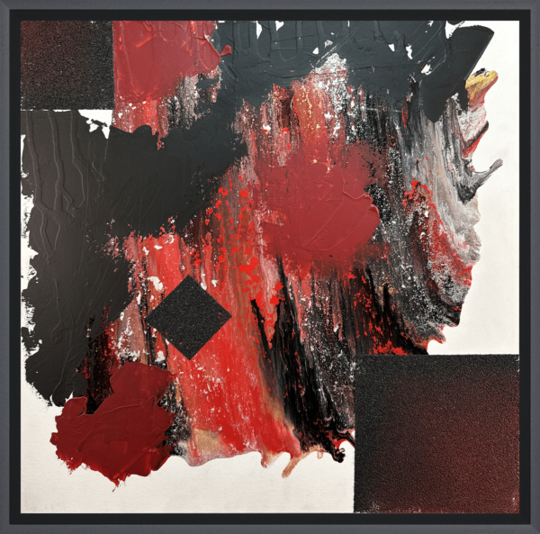 This abstract painting features a striking blend of reds, blacks, and textured forms, creating a powerful sense of movement and intensity. Bold shapes and layered textures evoke energy and drama, inviting viewers to interpret its raw emotion.