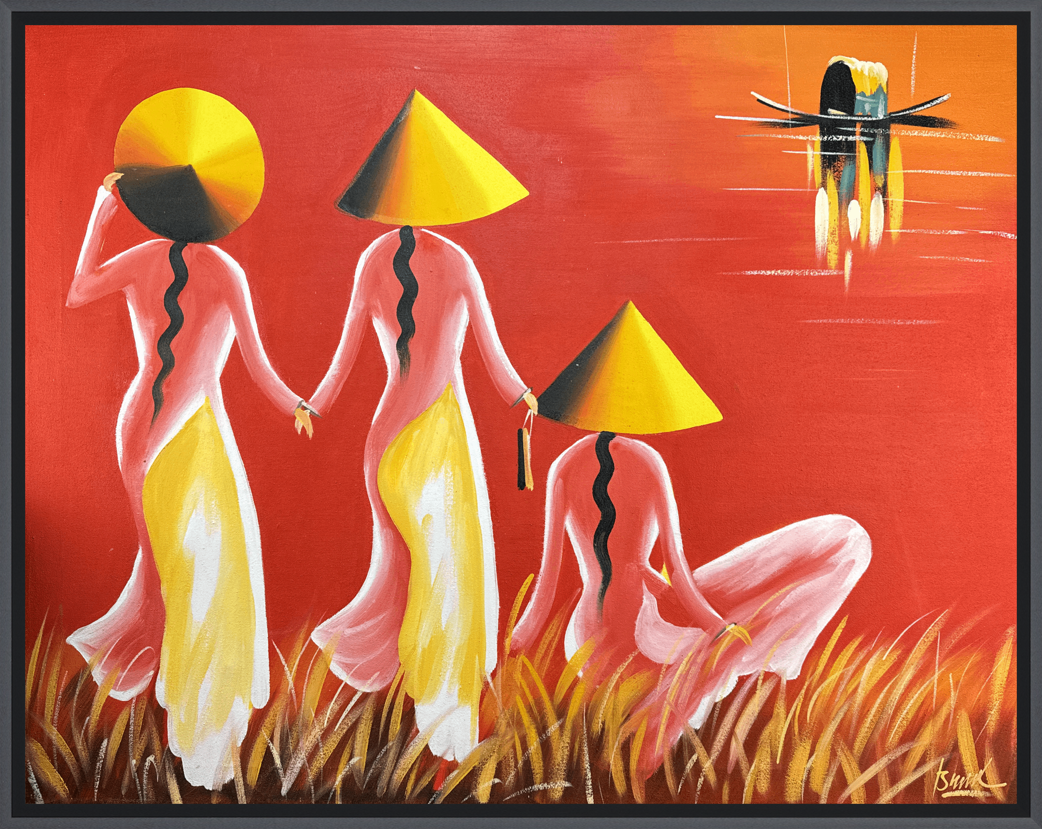 This striking painting depicts three women in traditional attire, gazing out over a vivid red landscape. Their bright yellow hats and soft, flowing garments create a beautiful contrast against the warm background, evoking a sense of unity and cultural pride.