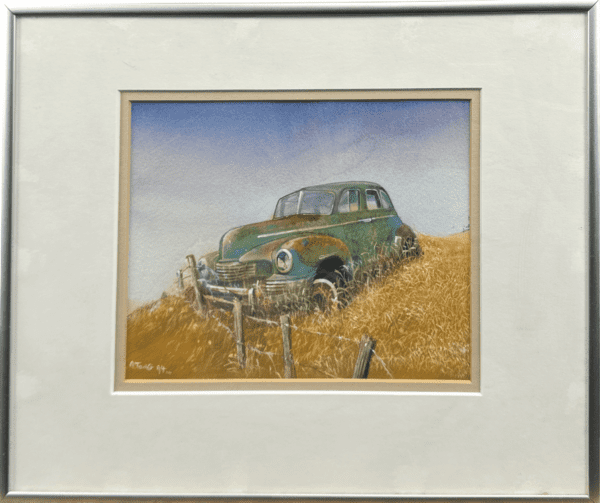 A once-vibrant car sits abandoned in a golden field, rusted and weathered by time. The artwork beautifully captures the quiet solitude of an old vehicle resting amidst tall grass, embodying memories of past travels and stories left untold.