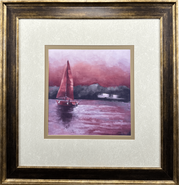 A lone sailboat with a striking muted red sail, glides through calm waters, set against a dramatic pink and purple sky. The tranquil scene invites viewers to embrace a moment of peace, capturing the beauty of a solitary journey on the open water.