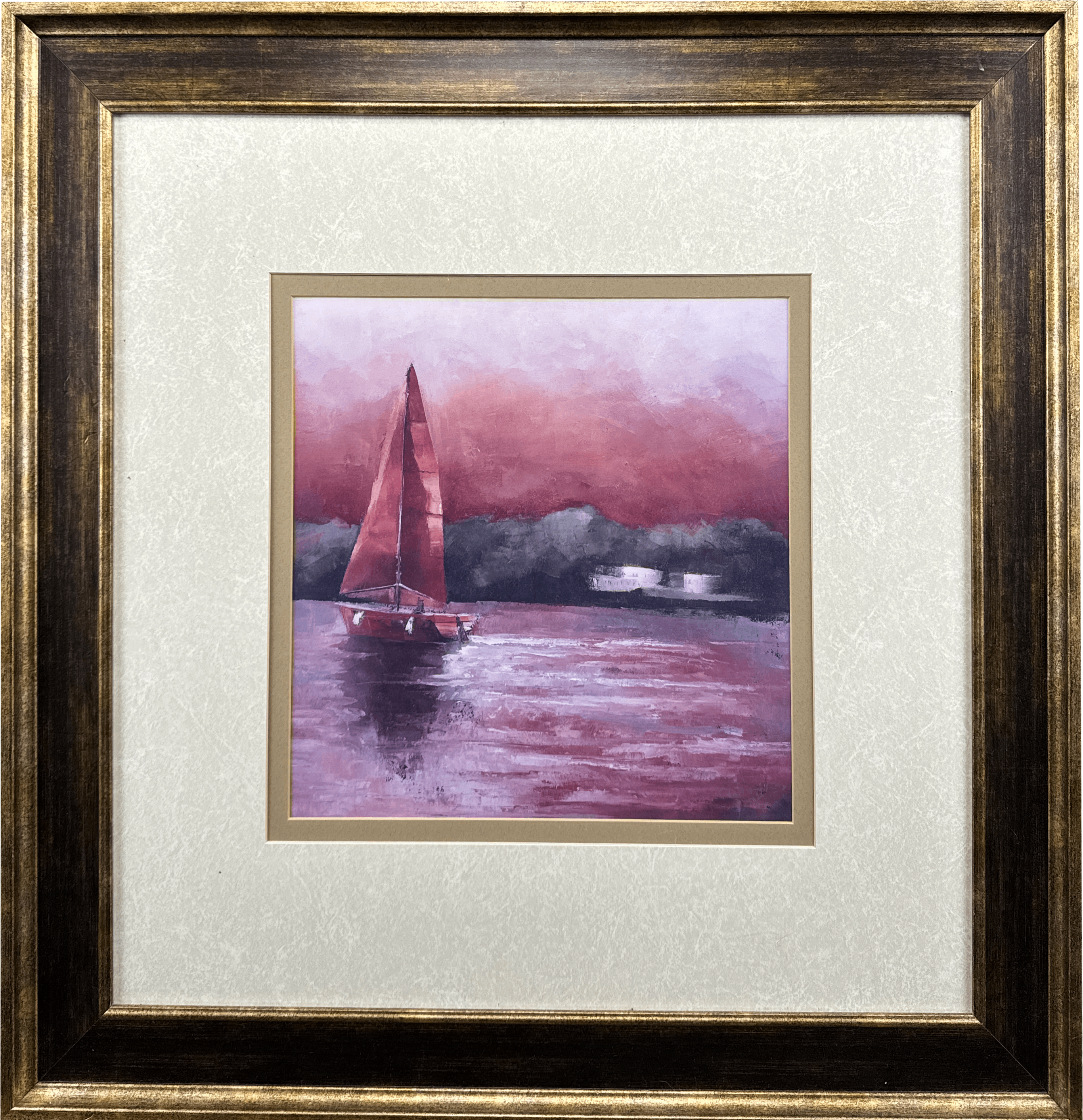 A lone sailboat with a striking muted red sail, glides through calm waters, set against a dramatic pink and purple sky. The tranquil scene invites viewers to embrace a moment of peace, capturing the beauty of a solitary journey on the open water.