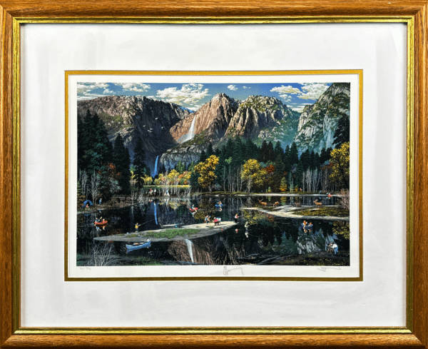 This exquisite limited edition specially hand signed piece by Alexander Chen, captures the serene beauty of Yosemite. With an added custom drawing on the mat, this hand-signed work showcases Chen's appreciation for natural landscapes, blending majestic mountains with a reflective lake scene.