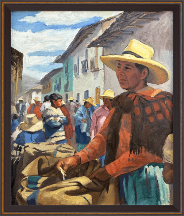 This painting captures the daily life of a bustling village market, with vibrant colors and expressive characters. A man in a wide-brimmed hat stands thoughtfully amid the crowd, embodying the calm focus of the community.