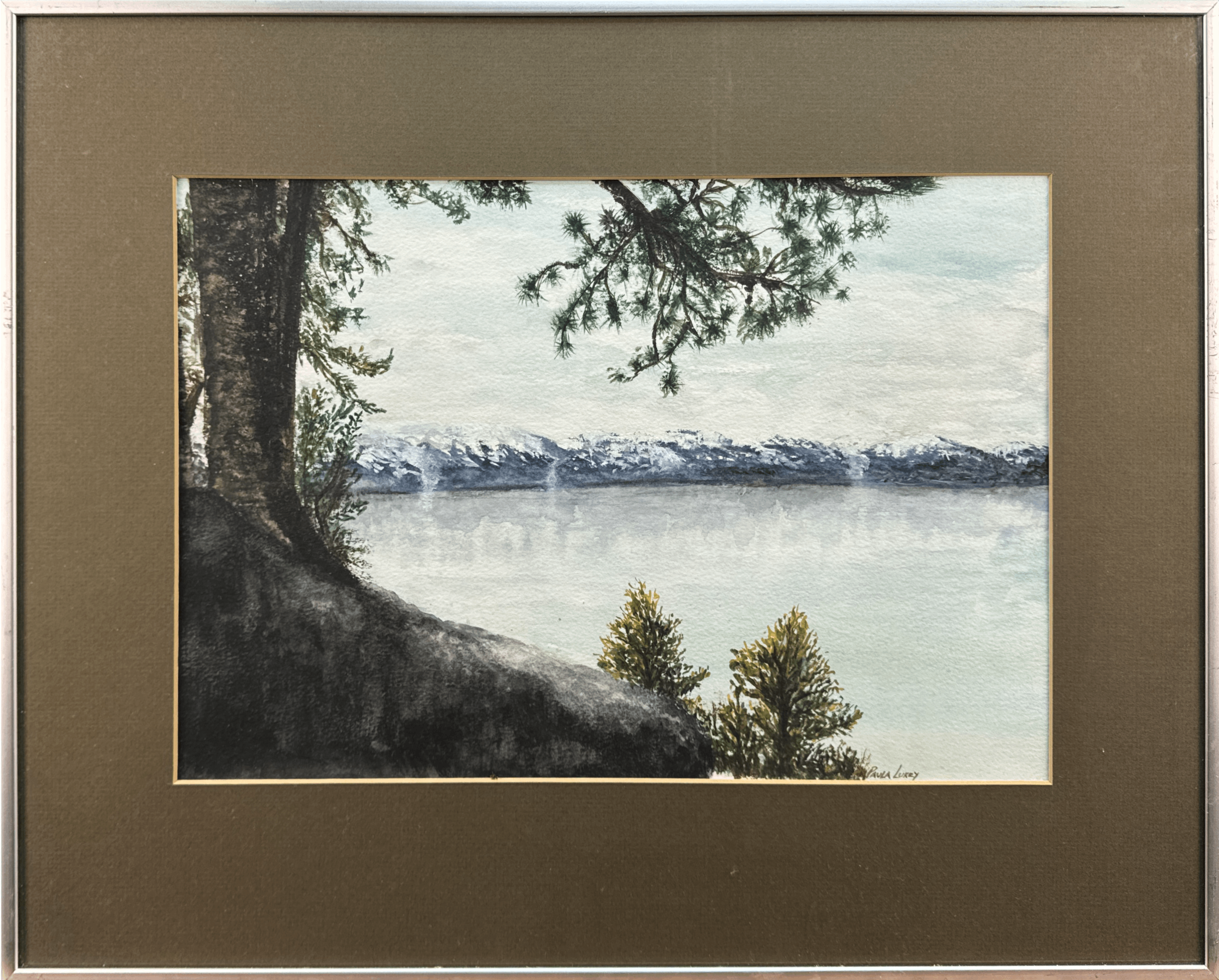 This original captures a tranquil scene of pine trees framing a serene lake with snow-capped mountains in the distance. The subtle watercolor tones evoke a sense of calm and connection with nature’s quiet beauty.